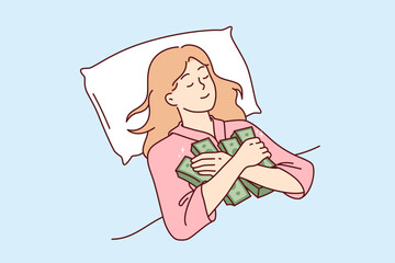 Woman sleeps hugging stacks of money, afraid to part with earned capital and put savings in bank deposit. Happy girl, saved lot of money thanks to investments lies with eyes closed in bed