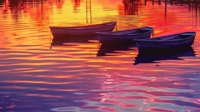 Lake Sunset Reflections Design a pattern showcasing a sunset reflected in the calm waters of a lake or river Add elements like rowboats, fishing docks