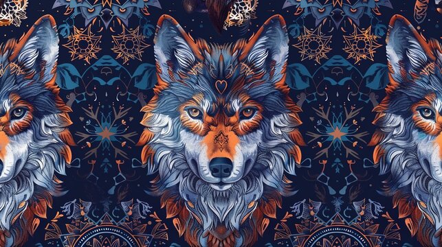 Spiritual Wolf Guardians Craft a pattern inspired by spiritual beliefs, featuring wolves as guardians or spirit animals Include elements 