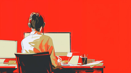 woman working on laptop red background with copy space