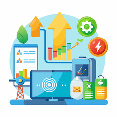  Illustrative concept of a sustainable, eco-friendly house with renewable energy and efficiency icons.