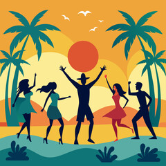 Silhouetted figures dancing joyfully against a backdrop of palm trees and a warm sunset.