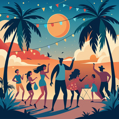  Silhouetted figures dancing joyfully against a backdrop of palm trees and a warm sunset.