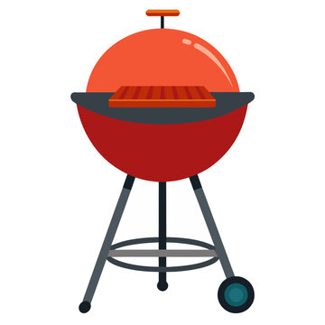 Iconic image of a classic red barbecue grill with a single steak, symbolizing outdoor cooking.
