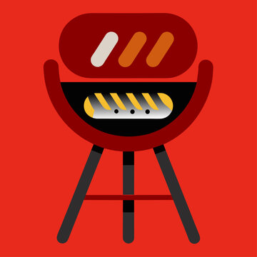 Iconic image of a classic red barbecue grill with a single steak, symbolizing outdoor cooking.