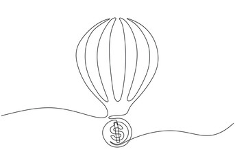 Single continuous line drawing of air balloon with money