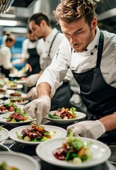 A professional chef in a restaurant kitchen meticulously preparing dishes, featuring fresh salad and succulent meat.