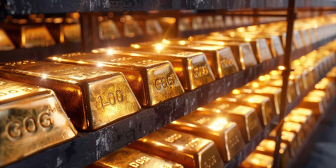A closeup of gold bars, stacked high in rows and columns. Concept of success in business
