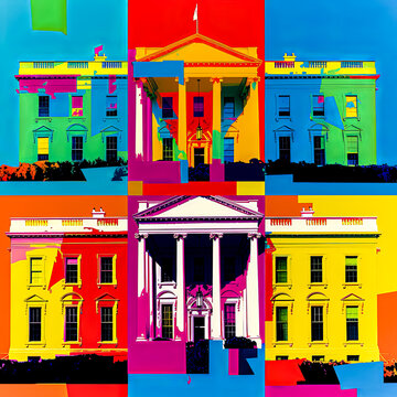 The image is a colorful collage of four different colored buildings, all of which are the White House. The buildings are arranged in a way that creates a sense of depth and dimension