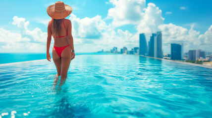 A woman wades into an infinity pool with a view of a sunlit urban skyline.Urban Oasis in Sunlit Infinity Pool