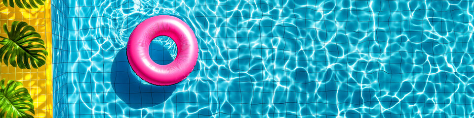 A pink inflatable ring is floating in a pool.  Summer resort  and water safety concept. banner