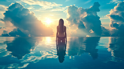 A woman stands at the edge of an infinity pool, the setting sun casting reflections over the tranquil waters.