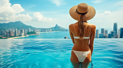 A woman in a straw hat stands in an infinity pool, overlooking a breathtaking panoramic view of a coastal cityscape. Tropical Cityscape View from Infinity Pool