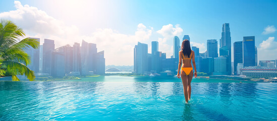 A woman wades into an infinity pool with a view of a sunlit urban skyline.Urban Oasis in Sunlit Infinity Pool