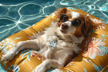 Dog with sunglasses on a float relaxing and enjoying a nice day at the swimming pool. Summer fun for the whole family concept.