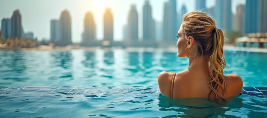 A woman relaxes in an infinity pool, gazing at the city skyline under a warm sky.Serene Infinity Pool Moment in Urban Skyline