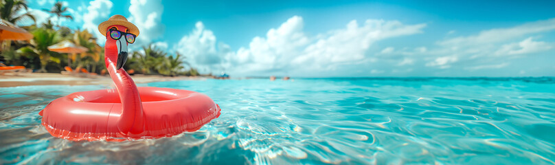 Pink flamingo pool float wearing a sun hat and sunglasses floating in sea with a tropical backdrop. banner