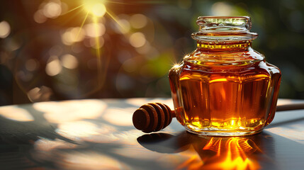 Glass honey jar with dipper in warm sunlight, natural blurred background. - obrazy, fototapety, plakaty
