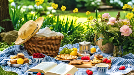 Summer Picnic scene is peaceful and relaxing in garden. A basket of food and drink, fruit and berries, book and flowers.