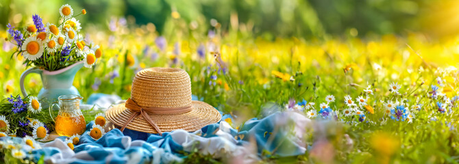 A straw hat on a blanket next to a pitcher of lemonade. Summer picnic  in a field of flowers
