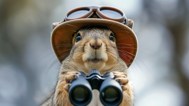 Chipmunk mit Fernglas f&uuml;r lustige Karte isoliert Generative AI