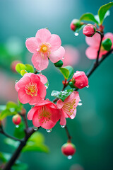 Closeup pink flowers with droplets of water on them. Blossom quince branch