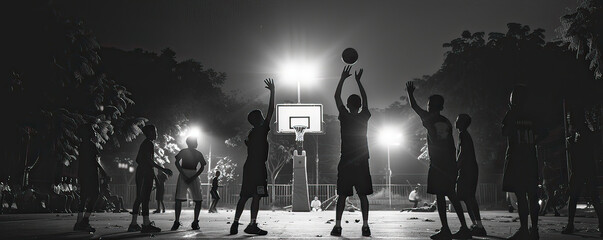 Basketball practice under the streetlights, children aiming high, inspired by their heroes