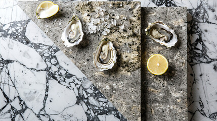 Oysters on a stone surface and lemon
