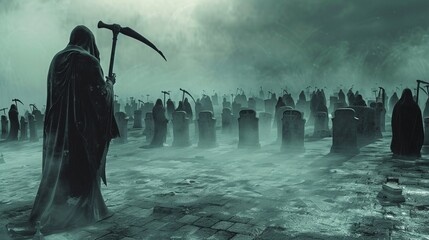 Grim Reapers and Tombstones Create a pattern featuring grim reapers holding scythes and looming over rows of tombstones Add eerie mist and swirling fog for a haunting atmosphere , 3D render