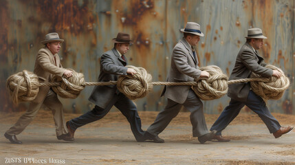 Vintage-styled men in fedoras carrying a large rope, depicting teamwork and effort, against a rustic backdrop.