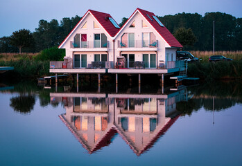 Lake houses in modern neighborhood view