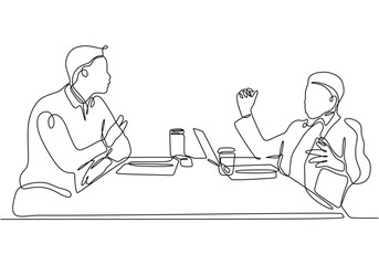 continuous line drawing of office workers at business meeting