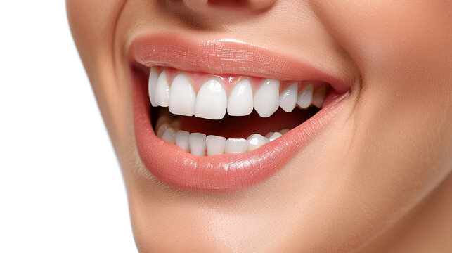 Close up of a happy woman's mouth with healthy teeth isolated on a white background