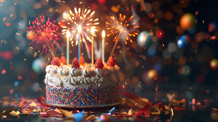 Birthday cake with burning candles and colorful eggs on wooden background  - obrazy, fototapety, plakaty