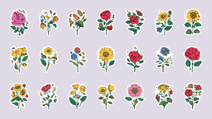 Floral Elegance: A Collection of Vibrant Stickers Illustrating Various Flower Species against a Minimalist White Backdrop