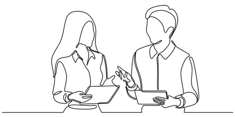 continuous line drawing of office workers at business meeting talking