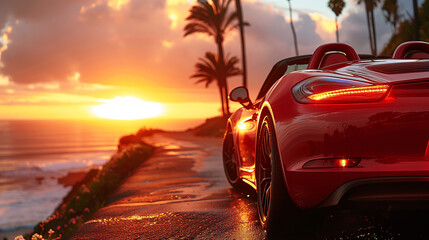 Luxury red convertible car parked on a coastal road at sunset with palm trees and ocean in the background.