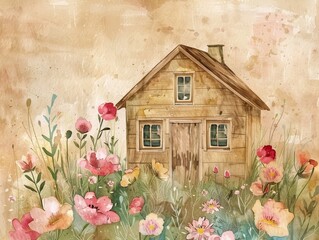 Watercolor card. Wooden house among wildflowers. Watercolor background. Summer house in the village