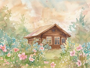 Watercolor card. Wooden house among wildflowers. Watercolor background. Summer house in the village