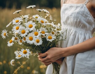Close-up. A girl in a linen dress holds a bouquet of field chamomile in her hands. A bouquet of chamomile in the hands of a young woman.