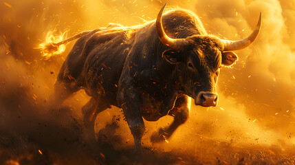 A dynamic image capturing the raw power of a bull charging forward surrounded by a swirling cloud of dust and sparks, backlit by a fiery glow - obrazy, fototapety, plakaty