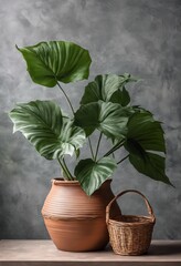 Flower with large leaves in a clay pot in the interior on a gray background