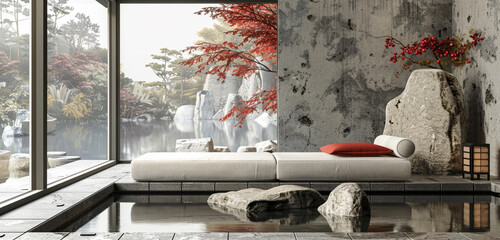 Modern Zen room, sleek single sofa, stone elements, touch of red.