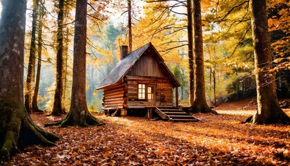 house in the forest, tall trees and a carpet of fallen leaves,  rustic wooden cabin nestled in a...