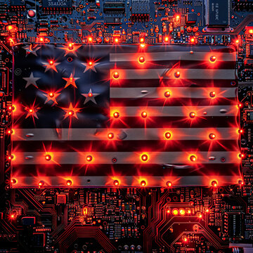 A computer screen shows a close up of a red, white, and blue American flag with a lot of lights on it. The image has a futuristic and technological feel to it