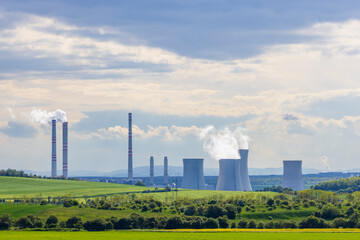 Fresh spring landscape with power station near Most, North Bohemia, Czech Republic