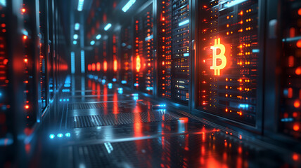 A sleek Litecoin symbol shining over a background of high-tech server racks and data processing units, illustrating the speed and connectivity of digital currency