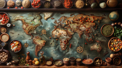 Cartographic representation of global cuisine, where each country on the map is made up of its signature dishes and ingredients