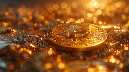 Close-up of a gleaming golden Bitcoin with intricate circuit patterns engraved on it, set against a...