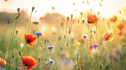 Foto auf Acrylglas Wild flowers in a field illuminated by warm sunlight.  © Olya Fedorova